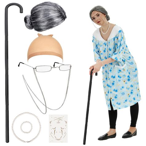 PRICES MAY VARY. Old Lady Cosplay Costume: You will get 1* short sleeve robe with print flower, 1* granny grey wig, 1*wig cap, 1* granny glasses with eyeglass chain,1*wrinkle tattoo sticker,1* granny faux pearl beads necklace and bracelet,1 adjustable crutch, enough to play the role of an old people at a party, meet your needs for halloween costume party. Easy to Wear: The fat suit costume for adult are easy to wear;you can use wrinkle tattoos on your face without extra makeup,glasses are equipp Old Lady Costume For Women, People At A Party, Old Lady Halloween Costume, Little Red Riding Hood Halloween, Granny Costume, Grandma Costume, Granny Glasses, Old Lady Costume, Pearl Beads Necklace