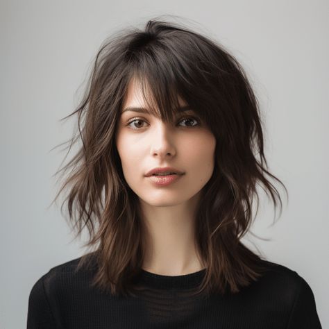 Shag Hairstyles Over 40 Shaggy Haircuts, Medium Shag Haircuts Side Part, Side Part Shag Haircut Medium, Short A Line Bob With Bangs, Shag Haircut Side Part, Shaggy Cut Medium, Brown Shag Haircut, Shag With Short Bangs, Shag Haircut Straight