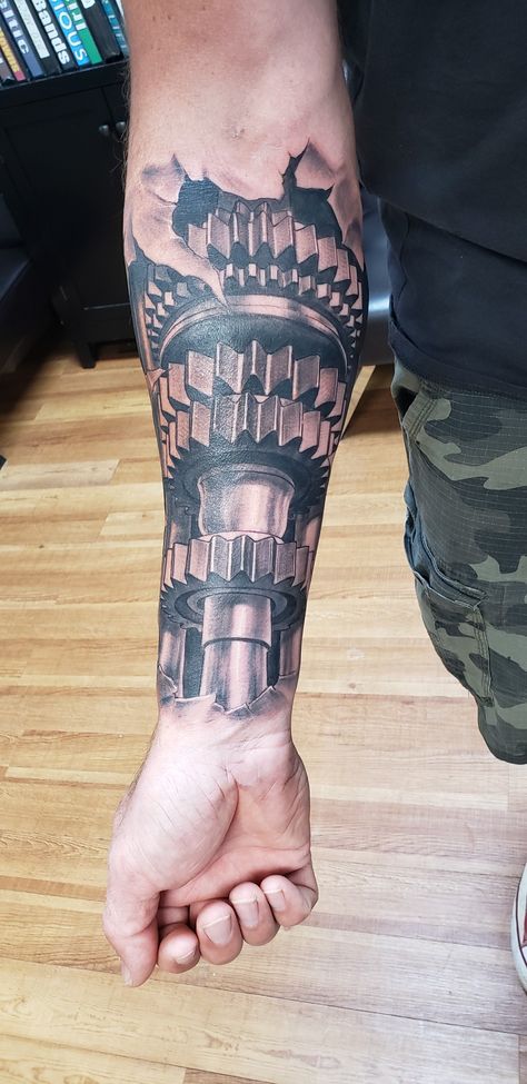 Mechanic Forearm Tattoo, Diesel Injector Tattoo, Mechanic Sleeve Tattoos For Guys, 3d Realistic Tattoo, Forearm Biomechanical Tattoo, Mechanic Tatoos Design, Bionic Tattoos For Men, Car Part Sleeve Tattoo, Mechanic Tattoos For Men