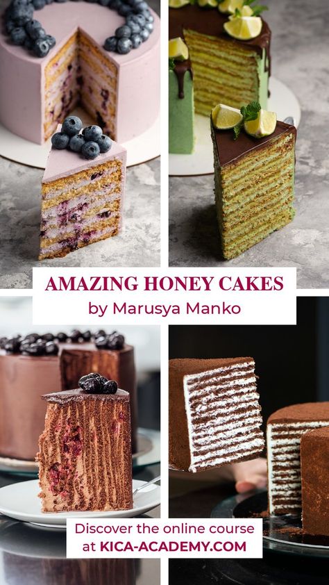 Black Currant Cake Design, Honey Cake Design, Honey Cake Decoration, Kyiv Cake, Orange Honey Cake, Honey Ganache, Cake Napoleon, Maple Leaf Cake, Spartak Cake