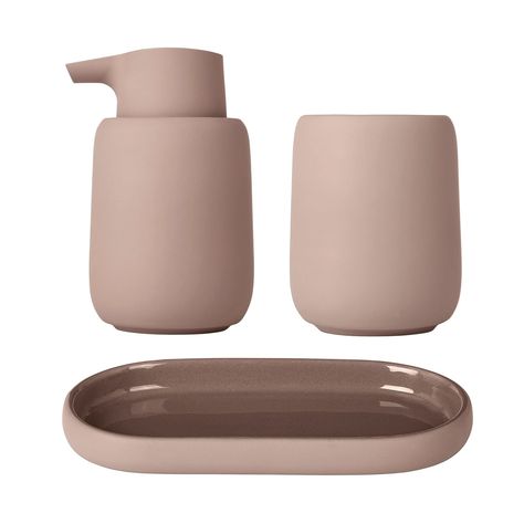 PRICES MAY VARY. Ceramic Set includes soap dispenser, bathroom tumbler and oval tray. Tumbler and Dispenser sit beautifully in tray. SONO items are ceramic coated in a silky smooth silicone. Soap Dispenser is 3.7" x 3.4" x 5.7" / 9.5 x 8.5cm x 14cm and for use with liquid soap. 8.5 oz capacity / 0.25 Liters Tumbler is 4.3" H x 3.3" D / 11 x 8.5cm. 10 oz capacity / 0.3 Liters Tray is 1" H x 3.3" x 4.3" / 2.5 x 10 x 19cm Additional blomus SONO bath items available separately. SONO Bathroom Accesso Tan Bathroom, 3 Piece Bathroom, Bath Items, Bathroom Tumbler, Automatic Soap Dispenser, Bath Accessories Set, Misty Rose, Oval Tray, Black Soap