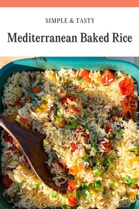 Rice And Tomatoes Recipe, Rice And Roasted Veggies, One Pan Mediterranean Rice, Mediterranean Recipes Rice, Mediterranean Rice Bake, Meditteranean Rice, Mediterranean Rice Dishes, Mediterranean Rice Recipes, Basmati Rice Recipes Mediterranean