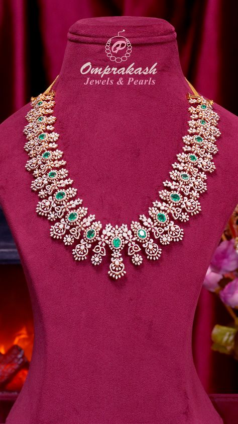 Exquisite craftsmanship meets timeless elegance: a stunning Diamond Haaram cum Vaddanam adorned with a radiant emeralds, a true testament to luxurious beauty.  #diamond #vaddanam #emerald #necklace #diamondjewellery #gemstones #southindianjewellery #southjewellers #bridaljewellery #bridaljewelry #ethnicjewellery #heritagejewellery #916kdmjewellery #bridesofinstagram #bridesofhyderabad #bridesofindia #bridesoftelugu #kundannecklace #bridaljewellery #southbrides Diamond Mango Mala Designs, Haram Cum Vaddanam Designs Gold, Diamond Vaddanam Design, Diamond Haram Indian, Diamond Haaram, Diamond Vaddanam, Mango Mala, Vaddanam Designs, Haram Designs