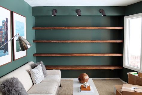 DIY Solid Wood Wall-to-Wall Shelves | Chris Loves Julia-tutorial for large floating shelves Floating Shelves Living Room, Decor Ikea, Regal Design, Solid Wood Shelves, Floating Shelves Diy, Room Shelves, Estantes Flotantes, Shelf Design, Remodel Bedroom