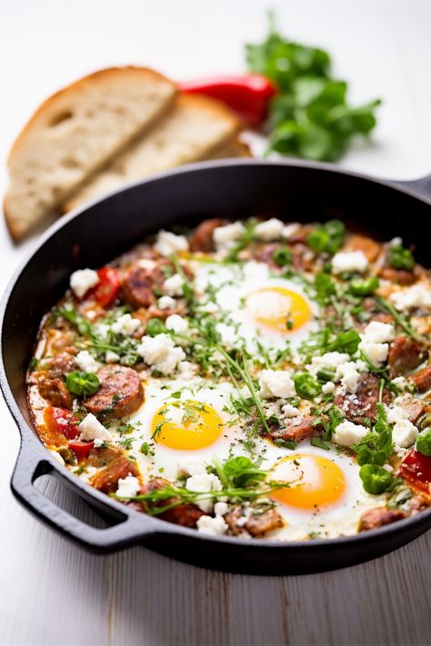 Authentic Turkish Menemen with Sucuk and Feta: A Robust & Tangy Mediterranean Delight Sucuk Recipe, Turkish Menemen, Menemen Recipe, Tomatoes And Eggs, Turkish Eggs, Turkish Breakfast, Turkish Food, Spicy Sausage, Lou Lou