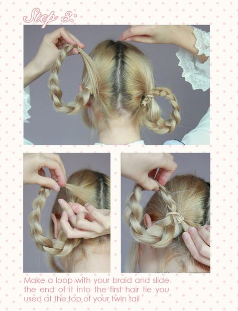 Deer Alice: Hairstyle tutorial : Braided loops Kirari Hairstyle Tutorial, Braided Loops Hairstyle, Kirari Hairstyle, Lolíta Hairstyle, Alice Hairstyle, Long Hairstyle, Coquette Style, Pony Club, Kawaii Hairstyles