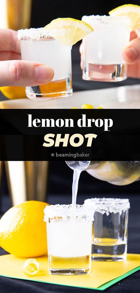 Tasting like lemon drop candy, the vodka-based Lemon Drop Shot is a recipe that includes lemon sugar, lemon juice, and simple syrup that's perfect for partying! Sweet, tart, and refreshing. | Recipe at BeamingBaker.com Lemon Drop Candy, Lemon Drop Drink, Easy Shot Recipes, Lemon Drop Recipe, Lemon Drop Shots, Blueberry Simple Syrup, Fun Drink Recipe, Summertime Recipes, Make Simple Syrup