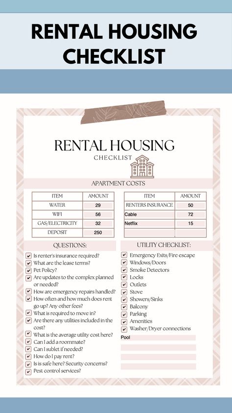 Do you have a problem with apartment or rental house hunting and remembering all the details about each location? Make apartment hunting a breeze with our comprehensive editable Apartment Hunting Checklist! This beautifully designed fillable rental housing checklist covers all the crucial aspects of finding a new home, including being able to note the costs and what questions you should ask your rental agency. Our rental property checklist even has plenty of room for you to add other details. First Rental Home Checklist, Landlord Tips Rental Property House, Landlord Checklist Rental Property, How To Start Rental Properties, Apartment Hunting Tips, Apartment Hunting Questions, Apartment Hunting Checklist, Checklist First Apartment, Rental Checklist