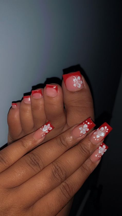 White Tip And Flower Nails, Hibiscus Flower Nails Red French Tip, Toe Nails Ideas Flowers, Cherry French Tip Toes, Easy Red Nails Design, Nail And Pedicure Ideas, Old School Flower Nail Design, White Nails With Hawaiian Flower, Hibiscus Flower Toe Nails Design