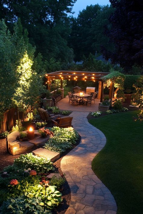 Well-lit backyard with a stone pathway, lush garden, and a pergola-covered seating area beneath string lights. Patio Pagoda Ideas, Large Yard Ideas Backyards, Backyard Twinkle Lights Patio, Ranch Patio Ideas Backyards, Sloped Backyard Patio Ideas, Garden For Small Backyard, Inviting Backyard Ideas, Chic Backyard Ideas, Trampoline Backyard Landscaping