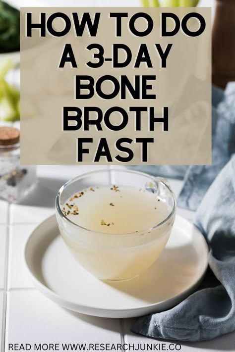 A glass mug  filled with bone broth and herbs sitting on a dish on a kitchen counter. The ultimate 3-day bone broth fast guide for beginners. Broth Fasting, Bone Broth Diet Plan, Bone Broth Fast, Bone Broth Benefits, High Histamine Foods, Broth Diet, Bone Broth Diet, Homemade Bone Broth, Healthy Food Habits