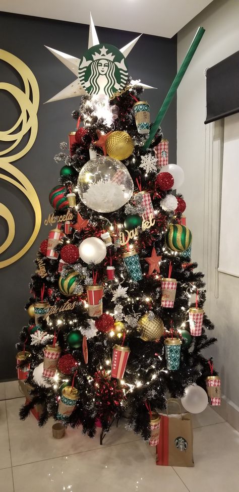 Business Christmas Tree Ideas, Starbucks Holiday Decorations, Starbucks Themed Christmas Tree, Christmas Tree Competition, Starbucks Christmas Tree Ideas, Coffee Theme Christmas Tree, Christmas Tree Competition Ideas, Food Theme Christmas Tree, Starbucks Christmas Decorations