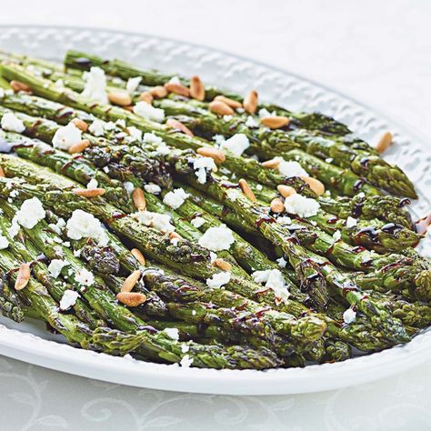 Roasted Asparagus with Goat Cheese & Balsamic Glaze Recipe | Wegmans Wegmans Recipes, Asparagus Goat Cheese, Vegetable Ideas, Balsamic Glaze Recipes, Best Asparagus Recipe, Savory Treats, Balsamic Recipe, Sweet Bites, Roasted Walnuts