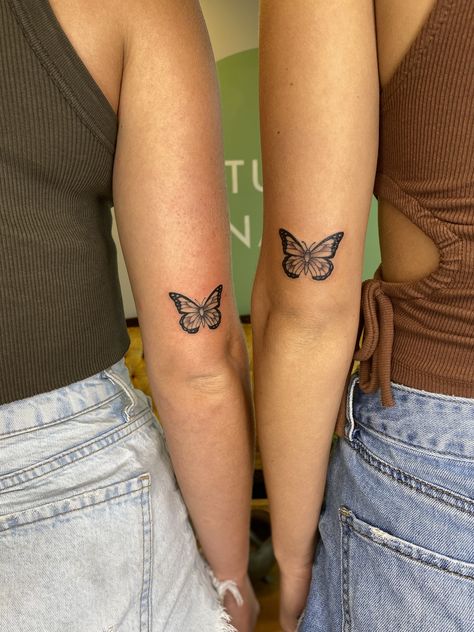 Best Friend Tattoos Back Of Arm, Bff Tattoos Matching Butterfly, Matching Monarch Butterfly Tattoo, Butterfly Tattoo Down Back, Butterfly Tattoo Behind Arm Above Elbow, Best Friend Spine Tattoos, Above Elbow Butterfly Tattoo, Butterfly Tattoo For Mom And Daughter, Bestie Tattoos Butterfly