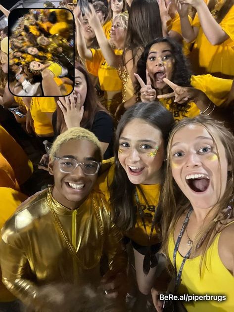 Eyeblack Ideas Football Game, Yellow Out Football Game Outfit, Black And Gold School Spirit Outfits, Gold Out Spirit Day, Gold Rush Football Theme Outfits, Black And Gold Spirit Week Outfits, Gold Spirit Week Outfit, Blue And Gold Football Game Outfit, Black And Gold Football Game Outfit