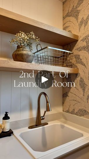 35K views · 572 reactions | My excitement was off the charts when we opened the box!   These gorgeous white oak shelves from @lyonscrafted couldn’t be any better, and they perfectly complement the wallpaper in our laundry room. Plus, they were pretty simple to install—just find the studs, make sure those brackets were level, and on they went.   BUT We’re not done yet—there are still a few more finishing touches to add. Stay tuned for the final reveal!   🤎 Product Ordered 🤎   •  Bare white oak floating shelves  •  63” length x 12” depth   •  Metal Brackets (recommended for shelves over 10” deep)  SAVE & SHARE with a bestie!  Comment “SHELF” to receive a 🔗 with the details and ENSURE to follow @the.cardinal.home so the Msg doesn’t get blocked 🤗  _____  #homediy #homedecor #laundryroom #h Laundry Floating Shelves, Laundry Room With Floating Shelves, Laundry Room Floating Shelves, White Oak Shelves, White Oak Floating Shelves, Oak Floating Shelves, Laundry Room Sink, Not Done Yet, Laundry Room Shelves