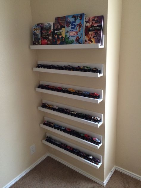 Book Shelf/Monster Truck shelf How To Organize Monster Trucks, Monster Truck Storage Ideas Diy, Diy Monster Truck Storage, Hot Wheels Monster Truck Storage, Monster Truck Toy Storage, Kids Monster Truck Room, Monster Truck Shelf, Monster Truck Shelves, Monster Truck Bedroom Ideas Boy Rooms