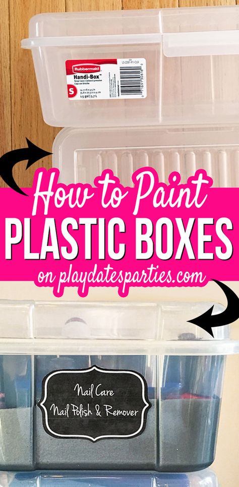 Practical storage and organization ideas CAN be pretty too! Fallow this tutorial for making dip painted storage boxes out of plain old plastic bins with lids. They’re perfect for small space and items like nail polish, and only take an hour or two to make.  #storage #spraypaint #decor #budgetdecor #paintingtips #decorating #DIY Spray Paint Plastic Bins, Covering Plastic Storage Bins, Painting Plastic Bins, Decorate Plastic Bins, Acrylic Paint On Plastic, Paint Storage Containers, Plastic Drawer Makeover, Spray Paint Storage, Plastic Storage Tubs