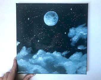 Painting Ideas Night, Simple Cute Paintings, Midnight Painting, Night Drawing, Sky Art Painting, Moonlight Painting, Night Sky Painting, Moonlit Night, Moon Painting