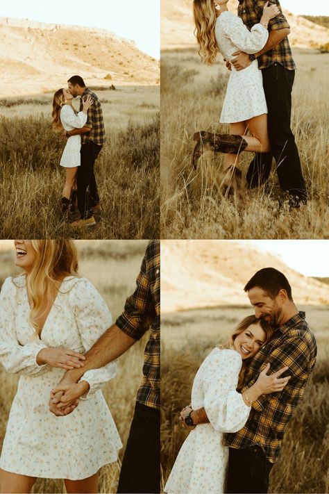 Country Inspired Engagement Photos, Sage Green Dress Engagement Photos, Boho Country Engagement Photos, Bluebonnet Photoshoot Couples, Boho Engagement Photoshoot, Couples Photoshoot Boho, Engagement Photos Field Picture Ideas, Rustic Boho Engagement Photos, Fall Rustic Engagement Photos