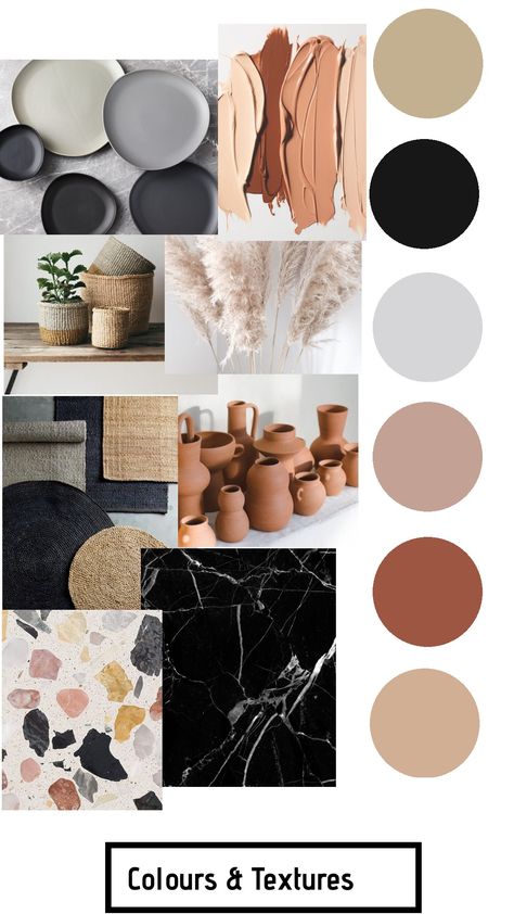 Colors And Textures Moodboard, Apartment Mood Board Color Palettes, Earth Tones And Black, Earthy Tone Mood Board, Apartment Kitchen Color Schemes, Earthy Tones Decor, Cool Toned Aesthetic, Japandi Branding, Earthy House Aesthetic