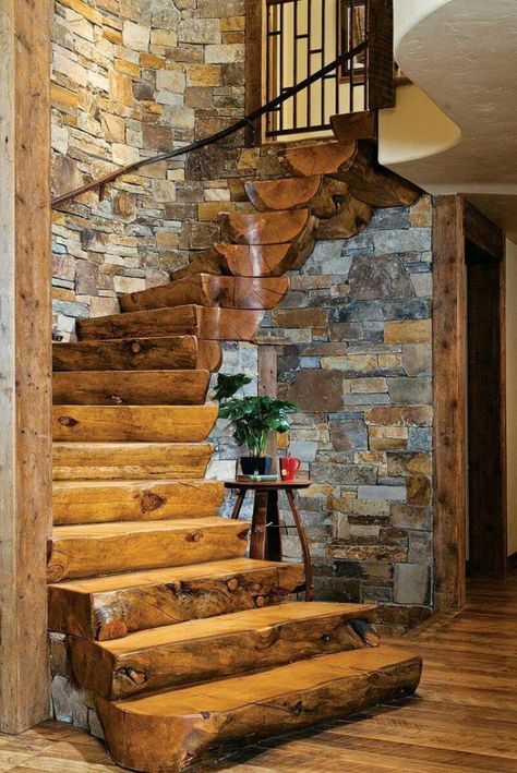 Cottage Stairs, Log Cabin House, Rustic Staircase, Vstupná Hala, Rustic Stairs, Rustic Bathroom Designs, Stair Case, Wooden Stairs, Log Cabin Homes