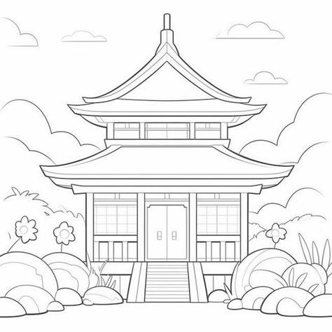 Japan Pagoda Drawing, Chinese House Drawing Easy, Japanese Background Drawing, Drawing Japanese House, Japanese House Drawing Easy, Japan Architecture Drawing, Japanese Drawings Easy, Japan House Drawing, Japanese House Sketch