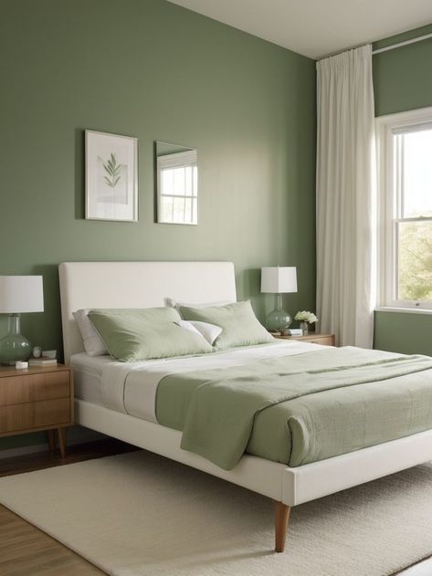 Create a soothing oasis in your bedroom with a light green accent wall. Pair it with a sleek wooden platform bed and complement the space with a plush white area rug for a touch of luxury. Calming Bedroom Color Schemes, Light Green Accent Wall, Sage Bedrooms, Picture Wall Ideas Bedroom, Wall Ideas Bedroom, Picture Wall Ideas, Green And White Bedroom, Green Accent Wall, Green Bedroom Walls