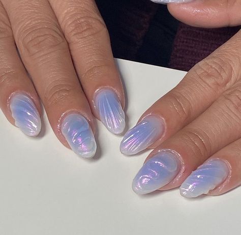 shell nails | chrome | multicolor | aura nails | almond | acrylic | gel | nail art | oval | blue chrome | pink chrome | white chrome | 3d gel | 3d chrome design | short nails Blue Irridescent Nails, Shell Gel Nails, Aura Nails Almond, Irridescent Nails, Gel Nails Almond, Iridescent Nails, Airy Fairy, Shell Nails, Fairy Nails