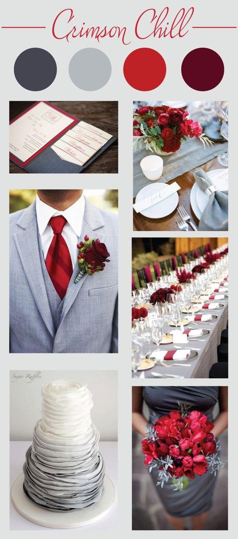 Crimson Chill Wedding Color Palette// red, grey and maroon color scheme Palette Winter, Chill Wedding, Crimson Wedding, Gray Wedding Colors, Wedding Color Scheme, Gray Wedding, Wedding Theme Colors, Wedding Color Palette, Gray Weddings