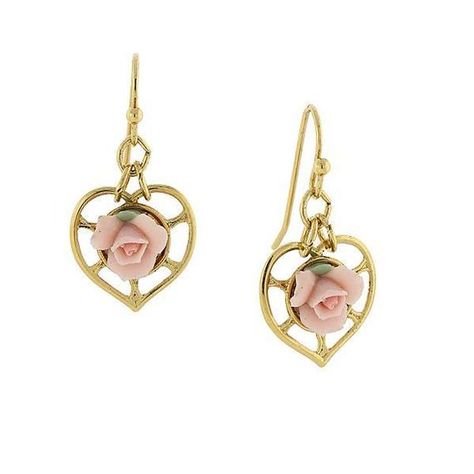 14K Gold Dipped Pink Porcelain Rose Heart Earrings Vintage Drop Earrings, Rose Heart, 1928 Jewelry, Ivory Roses, Rosé Heart, Porcelain Roses, Hot Jewelry, Costume Jewelry Earrings, Rose Jewelry