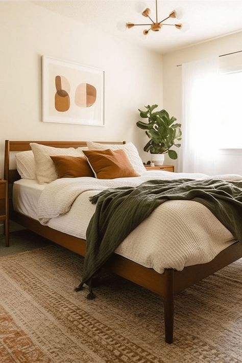 17 Most Creative Guest Bedroom Ideas to Impress Guests - By Kimberly Faye White Bedding With Orange Accents, Masculine Mid Century Bedroom, Rust And Sage Bed, Tan And Red Bedroom, Boho Modern Bedding, Bedroom Ideas Brown Furniture Dark Wood, Sunset Boho Bedroom, Terracota Bedding Room, Earthy Mid Century Modern Bedroom