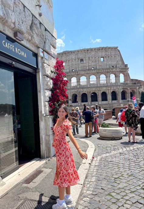 Colosseum photo, long floral red dress, Rome outfit idea, Rome photo idea, European Outfits Midsize, Rome Evening Outfit, Clothes In Italy, Rome Outfit Inspo Summer, Italy Inspired Outfits Summer, Red Dress Italy, Poses In Rome, Outfits For The Vatican, The Vatican Outfit