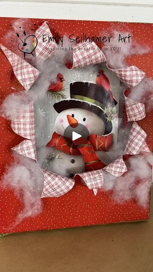 Easy Busted Canvas Tutorial | This busted canvas trend is SO much fun! 🎨✂Here is a step by step tutorial how I made my snowman busted canvas ☃️
#easycrafts #diyideas #bustedcanvas... | By Emily Seilhamer Art | Let's do the busted canvas
trend today. Here's how I made mine. Get two canvases. These
are eight by 10 canvases, but the trick is one is a canvas
board and one is a stretch canvas so see the canvas board
is flat and the stretch canvas has the wood frame. Next, pick
your image. I'm actually going to recycle an old greeting card
and this snowman was just begging to pop out of a canvas.
You also need to pick two contrasting patterns of either
scrapbook paper or napkins. It's okay to paint the canvases
but the patterns really it pop and to attach the paper we're
going to use Mod Podge. Painting Snowman On Canvas, Paper Mache On Canvas Paintings, Christmas Canvas Ideas Easy, Breakout Canvas Craft, Torn Canvas Art, Cut Canvas Art, How To Make Busted Canvas Art, Busted Canvas Christmas, Busted Canvas Diy Tutorial