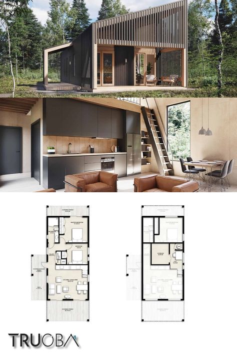 Small House Plans | Truoba Mini 822 800 sq/ft   2 Bed   1 Bath | Small House Plan 800 Sf House Plans, Space Saving House Plans, 1 Bedroom Loft Floor Plan, Small Vacation House Design, Loft Open To Below, 2 Bedroom Cabin With Loft, Small Scandinavian House Plans, Loft House Floor Plan, Loft Plans Layout