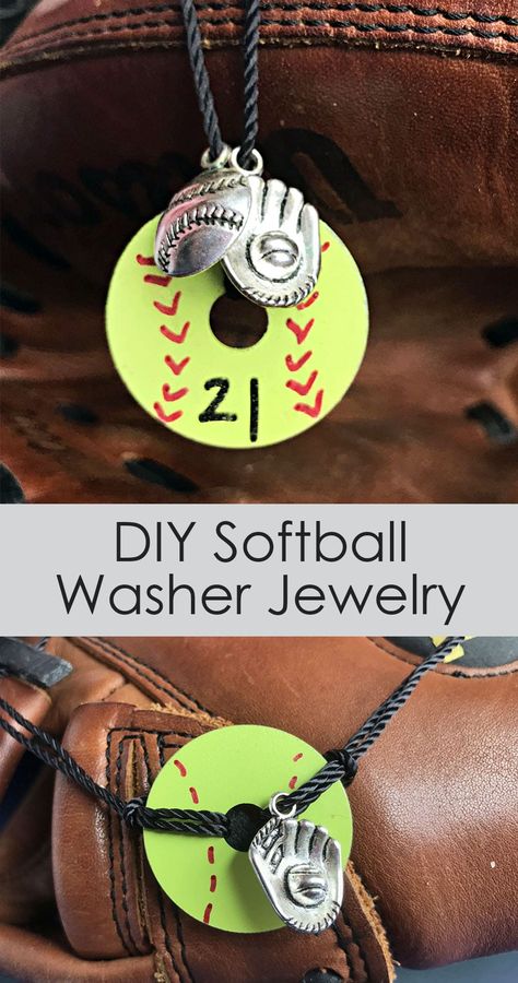 Super cute activity for team building!  Make Softball jewelry using washers from the hardware store. | Carla Schauer Studios Diy Softball Keychain, Softball Crafts For Team, Softball Goodie Bags, Softball Clothes, Softball Tips, Softball Room, Softball Bracelet, Softball Things, Softball Jewelry