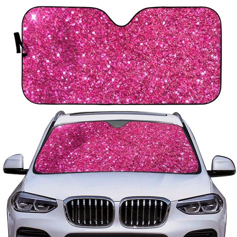 "Cute Pink Windshield Cover Sunshade - Custom Car Sun Shade for Women -  Gift for Girly Car Lovers! Perfect New car Gift. Faux Glitter - Barbie inspired. Do you love decorating your car? Then this custom sunshade is an absolute must have! * High-quality double-insulated laminate material shades *Protection against UV rays and sun damage while reducing interior heat * Fold for easy storage and carry , and easy clean material * Fits to most of cars, trucks and SUV cars, and easy install Measurements -  Length -145 cm / 56 \" Width - 70 cm / 27.5\" See my other listings for more cute car accessories for everyone." Cute Car Accessories Pink, Pink Car Decor, Cute Pink Car, Pink Truck Accessories, Glitter Barbie, Pink Car Seat Covers, Princess Car, Pink Car Accessories, Glitter Car