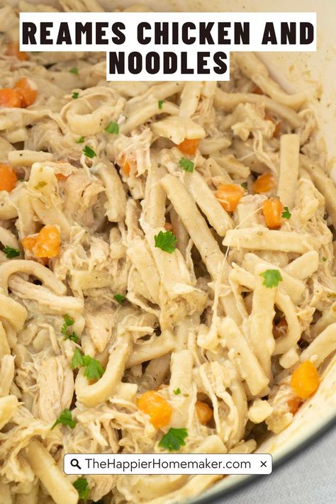 Homestyle Reames chicken and noodles starts with frozen egg noodles and adds perfectly seasoned shredded chicken and carrots to make this ultimate comfort food meal! Chicken And Noodles Egg Noodles, Chicken And Noodles No Canned Soup, Frozen Noodles And Chicken, Chicken Noodle With Reames Noodles, Chicken And Frozen Egg Noodle Recipes, Chicken And Frozen Egg Noodles, Comfort Chicken And Noodles Stove Top, Crockpot Chicken And Reames Noodles, Chicken Mixed Vegetables Egg Noodles