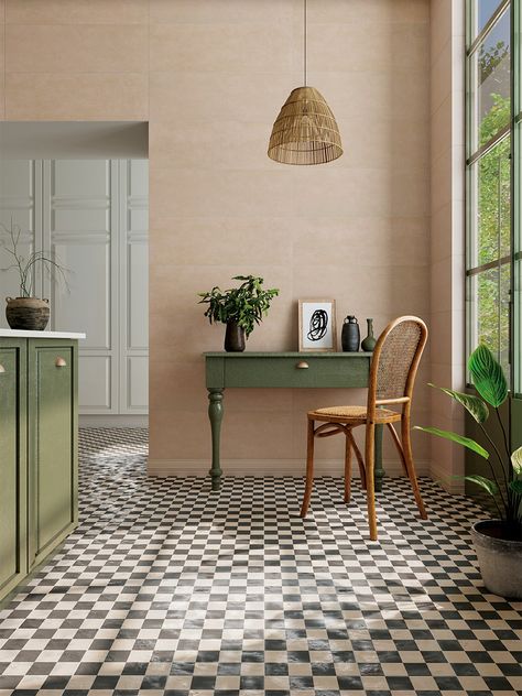 Barroco Chess Decor Wall & Floor Tile - 225x225mm Checkered Floor Kitchen, Chess Decor, Brick Effect Wall Tiles, Vintage Kitchen Tile, Hall Tiles, Kitchen Splashback Tiles, Tiled Hallway, Retro Tiles, Cottage Style Kitchen