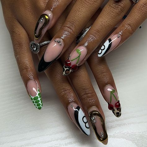 starting to love the almond.. 🎱🐆🍒🌿 ♡ • ♡ • ♡ #nails #acrylicnails #gwinnettnailtech #nuvolennails #longnails #gwinnettnails #nailsofinstagram #nailart #nailsoftheday #nailinspo #naildesigns #nailtech #nailsnailsnails #almondnails Point Almond Nails, Almond Freestyle Nails, Chrome Airbrush Nails, Almond Junk Nails, Almond Bling Nails, Halloween Nail Designs Almond, French Tip On Almond Nails, 24th Birthday Nails, Winter Almond Nails Ideas