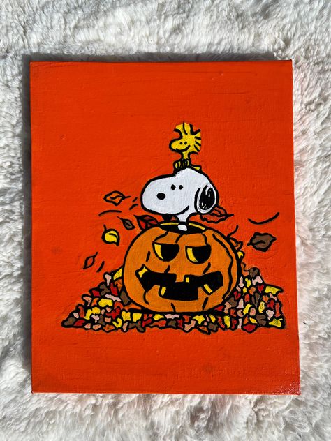 8x10 Handmade Acrylic Painting of Snoopy and Woodstock inside a jack-o-lantern on top of a pile of leaves. Covered with a clear gloss topcoat to protect it! Fall Paintings On Wood Easy, Snoopy And Woodstock Painting, Cute Autumn Drawings Easy, Christmas Snoopy Painting, Jackolantern Paintings, Snoopy Halloween Painting, Disney Halloween Painting, Halloween Crafts Aesthetic, Spooky Art Ideas