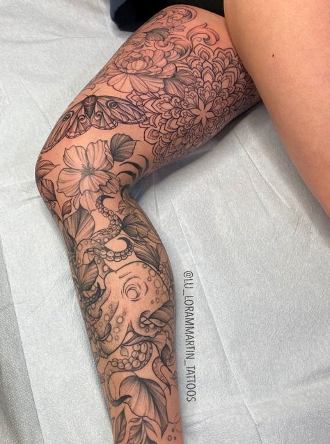 Womens Leg Sleeve Tattoo Design, Mixed Style Leg Sleeve Tattoo, Tattoo For Inner Thigh, Delicate Leg Sleeve Tattoo, Sea Life Leg Sleeve Tattoo, Nature Theme Leg Sleeve, Meaningful Woman Tattoos, Women Half Leg Sleeve Tattoo, Color Leg Tattoos Women