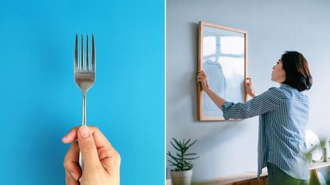 Viral hack shows people using a kitchen fork to hang their pictures on walls: Here's how it's done Picture Hanging Tips, Hanging Pictures On The Wall, Jar Opener, Hanging Picture Frames, Simple Pictures, Hanging Frames, Picture Hanging, Kitchen Tips, Hanging Pictures