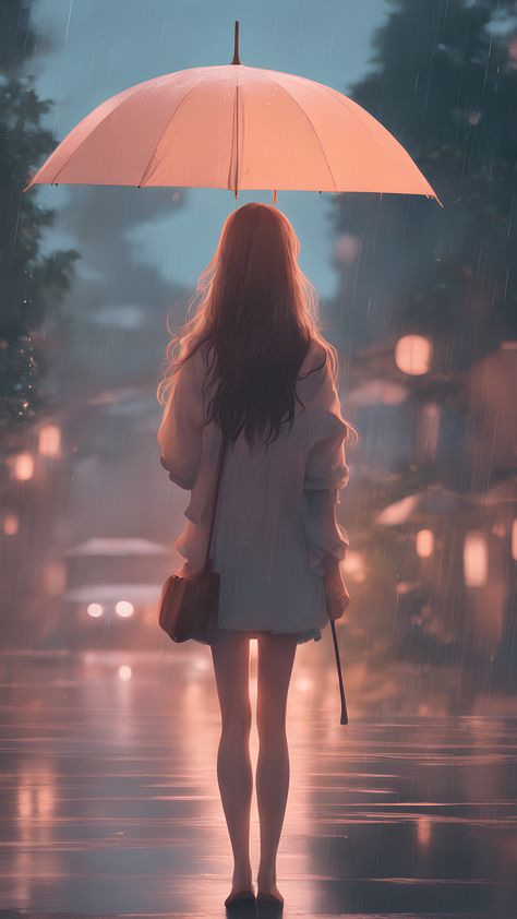 Rain Beautiful Images, Girl Turning Around, Anime From Behind, In The Rain Drawing, Rainy Night Illustration, Girl In Rain Drawing, Girl With Umbrella Drawing, Anime In The Rain, Kdrama Sketches