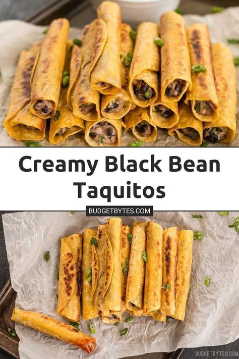 Creamy Black Bean Taquitos are an easy, tasty, and inexpensive appetizer for football parties or just for fun!! Pop over to our site for the recipe! | appetizers | easy snacks | vegetarian recipes | mexican recipes | Black Bean Appetizer, Chicken Black Bean Taquitos, Taquitos Black Bean, Football Party Food Appetizers Vegetarian, Easy Bean Tacos, Cream Cheese Taquitos Vegetarian, Veggie Taquitos Recipe, Vegan Black Bean Taquitos, Creamy Black Bean Taquitos