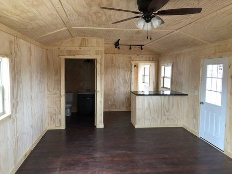 Finished Portable Cabins & Buildings | Countryside Barns Portable Cabin Interior, Storage Building House Interior, Portable Building Homes Interior, Finished Shed Interior Ideas, Portable Building Homes 16x40, Portable Buildings Turned Into Homes, Portable Building Homes, Western Tiny House, 12x32 Lofted Barn Cabin Interior