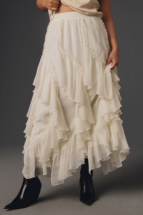 Polyester Pull-on styling Dry clean Imported | Ruffle Maxi Skirt by Kavita Bhartia in White, Women's, Size: Medium , Polyesterat Anthropologie Ruffle Skirt Outfit, White Ruffle Skirt, Tulle Skirts Outfit, Ruffle Maxi Skirt, White Maxi Skirts, Maxi Skirt Outfits, Thrifted Outfits, Skirt Trends, Girlie Style