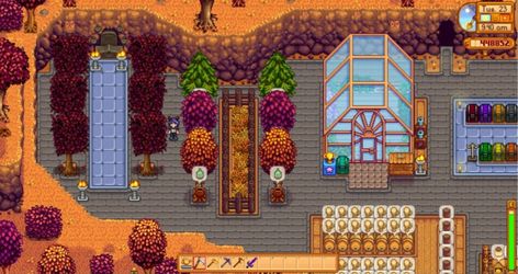 Stardew Valley - Wilderness Farm | next to the greenhouse : little tapped tree section > dark cherry tree grove lines leading up to grandpa's shrine | LadyAmalthea Stardew Valley Grandpas Shrine, Stardew Valley Grandpa Shrine Ideas, Stardew Grandpa Shrine, Stardew Valley Grandpa Shrine, Tree Grove, Valley House, Stardew Valley Layout, Farm Layout, Farm Design