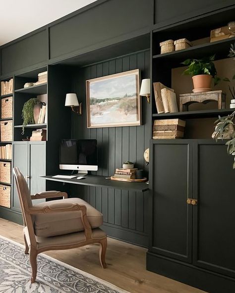 Black Cabinet Home Office, Ikea Built In Bookcase With Desk, Ikea Billy Bookcase Office, Moody Study Room, Built In Billy Bookcase, Billy Bookcase Built In, Billy Bookcase Office, Green Home Offices, Office 2023