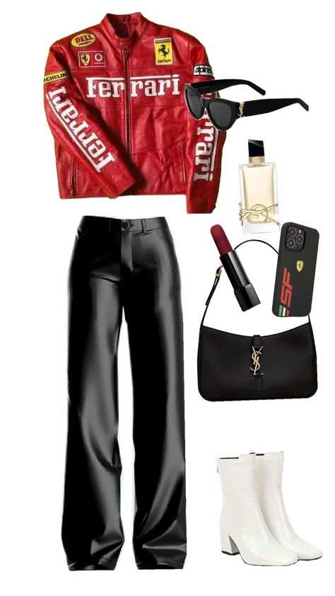 F1 Jacket Outfit, F1 Outfits Women, Ferrari Jacket Outfit, Ferrari Outfit, Formula 1 Outfit, Ferrari Jacket, Red And Black Outfits, Jacket Outfit, Street Look